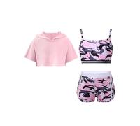 YiZYiF Kids Girl 3 Pcs Sport Outfitsd Hooded Sleeveless Crop Tank Top with Shorts Gymnastics Workout Outfits Tracksuit Pink 9-10 Years