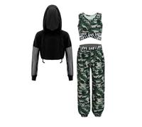 YiZYiF Kids Girls 3 Piece Outfits Sleeveless Crop Tank Top and Sweatpants with Long Sleeve Hoodie for Dance Workout Camouflage Green 13-14 Years