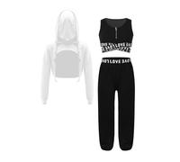 YiZYiF Kids Girls 3 Piece Outfits Sleeveless Crop Tank Top and Sweatpants with Long Sleeve Hoodie for Dance Workout Black&Ivory 9-10 Years