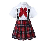 YiZYiF Kids Girls British Style School Uniform Set Lapel Short Sleeve Ruffled Shirt Top with Plaid Skirt Tie Knot Set White 13-14 Years