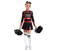 YiZYiF Kids Girls Halloween Cheer Leader Costume Long Sleeve Cheerleading Uniform Dance Dress and Pom Poms Stocks Headwear Set Red&White 11-12 Years