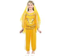 YiZYiF Kids Girls Indian Belly Dance Costume Halloween Cosplay Carnival Arabian Princess Outfits with Hip Scarf Headscarf Suit Yellow 11-12 Years