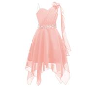 YiZYiF Kids Girl's One Shoulder Junior Bridesmaid Dresses Irregular Princess Prom Party Dresses Summer Dress Pink 13-14 Years