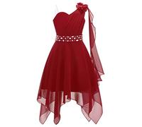 YiZYiF Kids Girl's One Shoulder Junior Bridesmaid Dresses Irregular Princess Prom Party Dresses Summer Dress Burgundy 13-14 Years