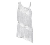 YiZYiF Kids Girls Rhinestone Sleeveless Oblique Straps Sequins Tassel Leotard Dress Latin Jazz Samba Ballroom Dance Costume White 7-8 Years