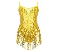 YiZYiF Kids Girls Sequin Sleeveless Tassel Hem Jazz Latin Dance Dress Belly Tango Rumba Samba Salsa Dance Costume Dancewear Gold 6 Years