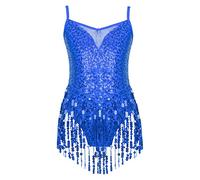 YiZYiF Kids Girls Sequin Sleeveless Tassel Hem Jazz Latin Dance Dress Belly Tango Rumba Samba Salsa Dance Costume Dancewear Royal Blue 8 Years