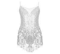 YiZYiF Kids Girls Sequin Sleeveless Tassel Hem Jazz Latin Dance Dress Belly Tango Rumba Samba Salsa Dance Costume Dancewear Silver 14 Years