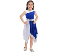 YiZYiF Kids Girls Sleeveless Asymmetrical Metallic Praise Lyrical Dance Dress Liturgical Worship Costume Robe Gown Dancewear Blue&White 10 Years