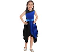 YiZYiF Kids Girls Sleeveless Asymmetrical Metallic Praise Lyrical Dance Dress Liturgical Worship Costume Robe Gown Dancewear Blue&Black 16 Years