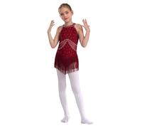 YiZYiF Kids Girls Sleeveless Sequin Fringe Latin Dance Dress Jazz Leotard Dress Rumba Samba Salsa Cha Cha Ballroom Dancewear Burgundy 8 Years