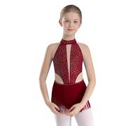 YiZYiF Kids Girls Sparkly Sleeveless Tassels Jazz Latin Ballet Dance Skirted Leotard Bodysuit Competition Costume Dancewear Burgundy 9-10 Years