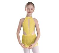 YiZYiF Kids Girls Sparkly Sleeveless Tassels Jazz Latin Ballet Dance Skirted Leotard Bodysuit Competition Costume Dancewear Yellow 13-14 Years