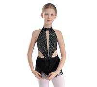 YiZYiF Kids Girls Sparkly Sleeveless Tassels Jazz Latin Ballet Dance Skirted Leotard Bodysuit Competition Costume Dancewear Black 13-14 Years