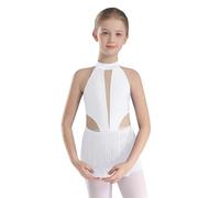 YiZYiF Kids Girls Sparkly Sleeveless Tassels Jazz Latin Ballet Dance Skirted Leotard Bodysuit Competition Costume Dancewear White 11-12 Years