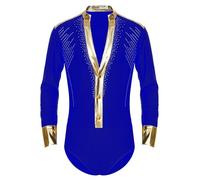 YiZYiF Mens Jazz Dance Costume V Neck Modern Dance Shirts Ballroom Latin Rumba Samba Dance Leotard Bodysuit Tops Blue XL