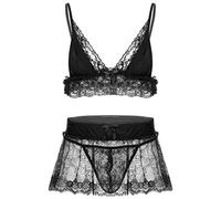 YiZYiF Mens Lace Sissy Lingerie Bra Top with Mini Skirt and G-Strings Crossdress Underwear Set Black L