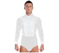 YiZYiF Men's Rhinestones Latin Dance Shirt Ballroom Leotard Long Sleeve Figure Skating Performance Dancewear White XL