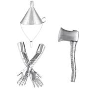 YiZYiF Professional Tin Man Accessories Metallic Silver Funnel Hat Heart Brooch Axe for Stage Productions Theme Party Hat Axe and Long Gloves One Size