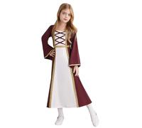 YiZYiF Vintage Lace-up Renaissance Medieval Dress for Girls Halloween Irish Princess Over Dress Victorian Themed Party Ball Gown Burgundy 7-8 Years