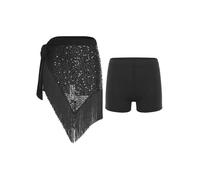 YiZYiF Women Belly Dance Costume Latin Tassel Fringed Irregular Skirt with Safety Shorts Party Festival Dancewear Black One Size