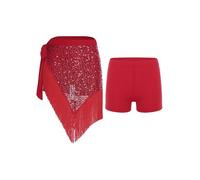 YiZYiF Women Belly Dance Costume Latin Tassel Fringed Irregular Skirt with Safety Shorts Party Festival Dancewear Red One Size
