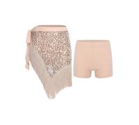 YiZYiF Women Belly Dance Costume Latin Tassel Fringed Irregular Skirt with Safety Shorts Party Festival Dancewear Champagne One Size