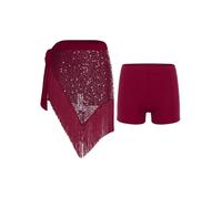 YiZYiF Women Belly Dance Costume Latin Tassel Fringed Irregular Skirt with Safety Shorts Party Festival Dancewear Burgundy One Size