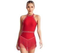 YiZYiF Women's Glittery Rhinestones Latin Jazz Dance Dress Fringe Leotard Backless Rumba Salsa Cha-cha Ballroom Costume Burgundy XL