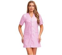 YiZYiF Women's Hospital Nurse Doctor Scrub Dress Lab Coat Uniform Housekeeping Salons Spa Pocket Workwear Pink XXL