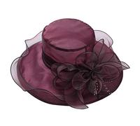 YiZYiF Women's Organza Veil Party Occasion Event Kentucky Derby Church Summer Dress Sun Hat Cap Wine Red One Size