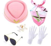 YiZYiF Women's Stewardess Air Hostess Cosplay Accessories with Hat Gloves Scarf Sunglasses Pink One Size