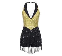 YiZYiF Women's Tuxedo Jazz Dance Costume Sequins Tassels Leotard Jumpsuit Halter Latin Ballroom Dance Costume
