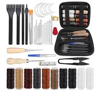 Yizzvb 46Pcs Leather Stitching Sewing Kit, Leather Sewing Tool Kit with 4mm Lacing Stitching Chisel, Waxed Thread and Large-Eye Stitching Needles for Leather Craft Projects DIY Sewing Work