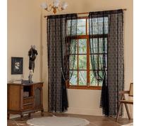 YJ YANJUN Boho Lace Curtains 96 inches Long 2 Panels -Vintage Floral Crochet Sheer Panels with Tassel for Living Room Bedroom Light Filtering Victorian Gothic Halloween Witchy Drapes Black W59 x L96