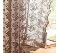 YJ YANJUN Brown Net Curtains for Windows 54 Drop Vintage Victorian Floral Sheer Lace Curtains for Bedroom Short Window Voile Rod Pocket - 2 Panels 52 W x 54 L Inch(132cm x 137cm)