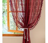 YJ YANJUN Burgundy Red Sheer Curtains 54 inch Length 2 Panels Crochet Christmas Kitchen Window Curtains Boho Short Lace Curtain Panels, Tassel, Light Filtering, Winter Holiday Decor 59 W x 54 L Wine