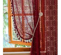 YJ YANJUN Burgundy Sheer Lace Curtains 63 inch Length with Tassel for Bedroom Boho Maroon Curtain for Living Room Light Filtering Crochet Bay Window Curtains Set of 2 W59 x L63 Dark Red