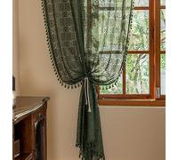 YJ YANJUN Dark Green Lace Curtains 90 Inches Long 2 Panels Boho Crochet Curtains with Tassel for Living Room Country Farmhouse Hollow Drapes for Glass Slide Patio Door W59 x L90 Green