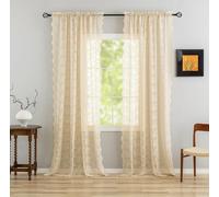 YJ YANJUN Lace Net Curtains 90 Drop Pair for French doors Old Farmhouse Light Brown Sheer Curtains for Living Room Chic Floral Scalloped Edges Lace Drapes 132cm Width x 229cm Drop (52"x 90") Beige