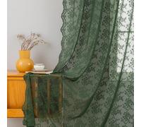 YJ YANJUN Olive Green Sheer Curtains 72 Inches Long Vintage Floral Boho Curtains for Living Room Lace Embroidered Drapes Aesthetic Bathroom Curtains Light Filtering Spring Room Décor 2 Panels 52Wx72L