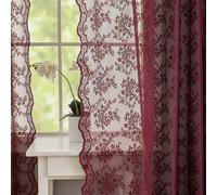 YJ YANJUN Vintage Lace Curtains 54 Inch Length-Victorian Floral Pattern Red Burgundy Short Sheer Curtain Panels for Kitchen Garage, Embroidery Light Filtering, Christmas Drapes 2 Panels 52W x 54L