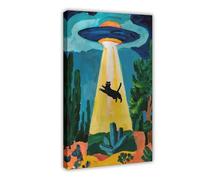 YJACED Cat Print Funny Altered Art Print UFO Matisse Abduction Funny Gift Black Cat Poster Canvas Poster Bedroom Decor Landscape Office Room Decor Gift 24x36inch(60x90cm)