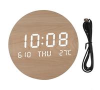 YJDOORPLAY Digital Wall Clock with Large LED Display, Silent Wooden Round Clock with Date Temperature Display for Living Room Bedroom, USB Rechargeable