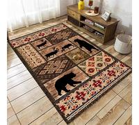 YJDRUG Cabin Bear Area Rug，120x180cm,Black Bear and Deer Print Rug On Brown Background，Vintage Country Ethnic Style Rug, Non-Slip Washable Rug for Living Room, Kitchen, Dining Room, Indoor Rug