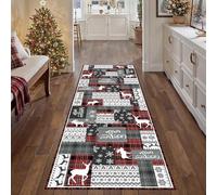 YJDRUG Christmas Patchwork Boho Runner Rug 60x120 cm, Washable & Non-Slip Hallway Carpet, Red Kitchen Mat for Entryway, Dining Room, Bedside Holiday Decor