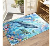 YJDRUG Ocean Theme Area Rug 60x90cm, Underwater Marine Life Carpet, Soft Non-Slip Floor Mat, Washable Whale Sea Turtle Rug, Coastal Decor Area Rugs for Living Room Bedroom