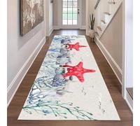 YJDRUG Tropical Coastal Runner Rug - 60x200cm Red Starfish Watercress Print Nautical Rug - Fade Resistant Machine Washable Carpet for Hallway, Nursery, Kitchen & Bedside - Stone Texture Coastal Decor