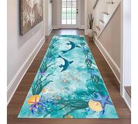 YJDRUG Undersea Ocean Theme Runner Rug - 60x200cm Dolphin Coral Starfish Print Low Pile Carpet - Non-Slip Machine Washable Rug for Hallway, Living Room, Entryway & Bedroom - Soft Coastal Home Decor