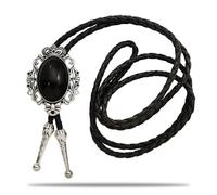 Yjfeshion Cowboy Bolo Tie Natural Color Stone Turquoise Obsidian Handmade Leather Bola Tie Western Cowboy Necklace Accessories for Men Women Vintage Silver Crown Black Stone